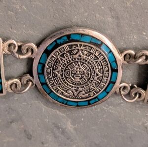 Turquoise and Silver Aztec-Inspired Bracelet